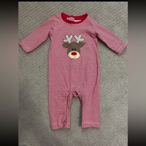 Red and White Striped Baby Romper with Reindeer Design